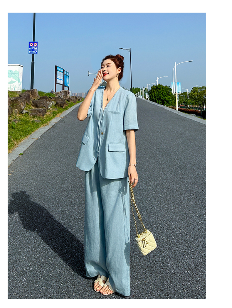 高級感西裝套裝女夏季2025新款洋氣減齡氣質顯瘦亞麻闊腿褲兩件套